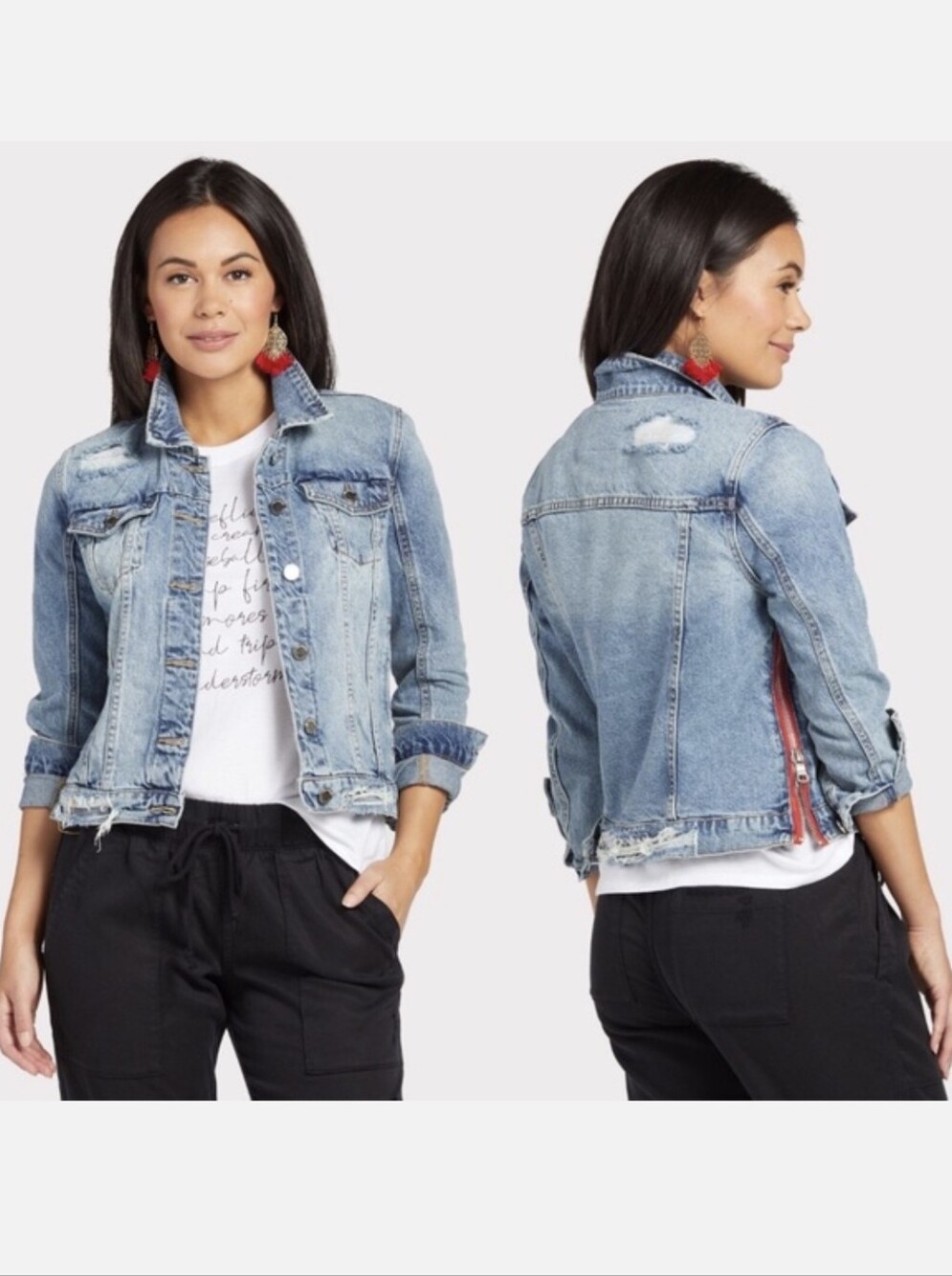 Blank NYC Blue Distressed Denim Jacket With Red Side Zippers Size Small